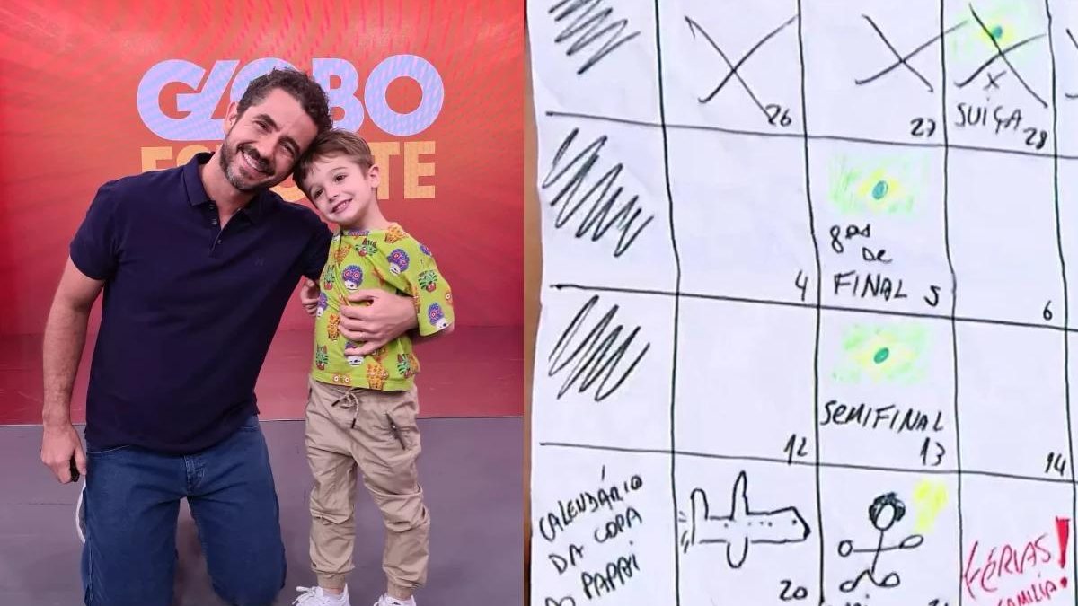Andreoli e filho fazem calendário para contar os dias até a volta do pai e jornalista se emociona ao vivo - Reprodução/Globo