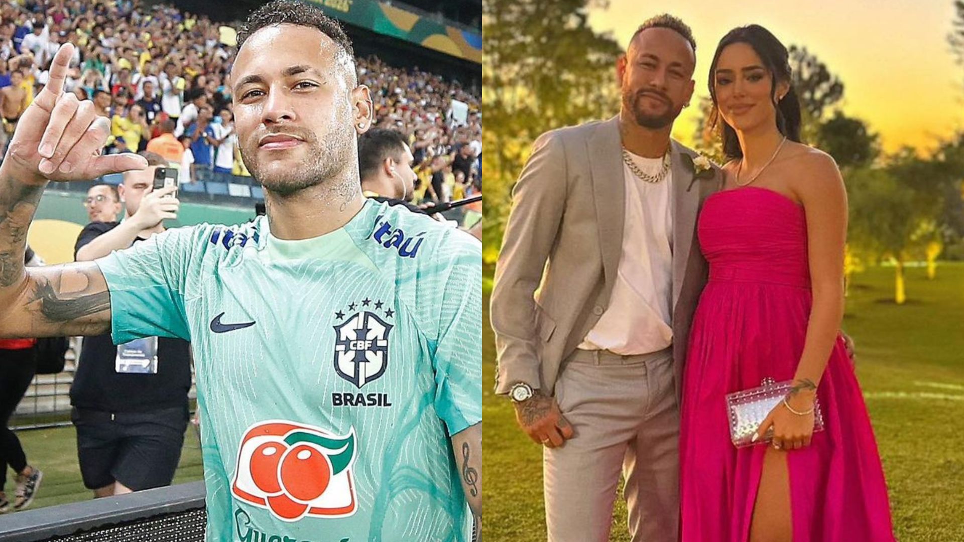 Neymar com a camiseta da Seleção Brasileira fazendo sinal de hangloose com as mãos e ao lado com a influenciadora digital Bruna Biancardi
