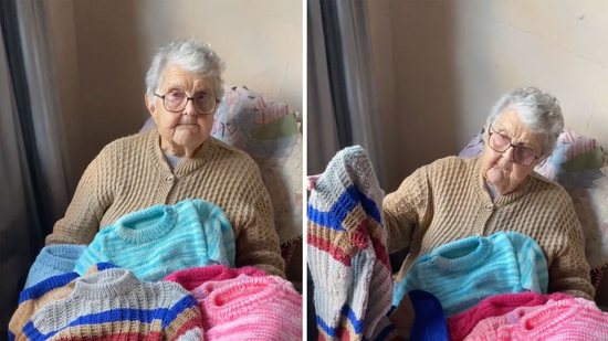 Idosa de 90 anos viraliza ao tricotar roupas para vítimas da tragédia do Rio Grande do Sul - FOTO: Reprodução/TikTok