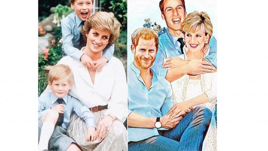 Diana com os filhos, Willian e Harry, em  releitura de foto antiga - Reprodução / Instagram / @autumn.ying