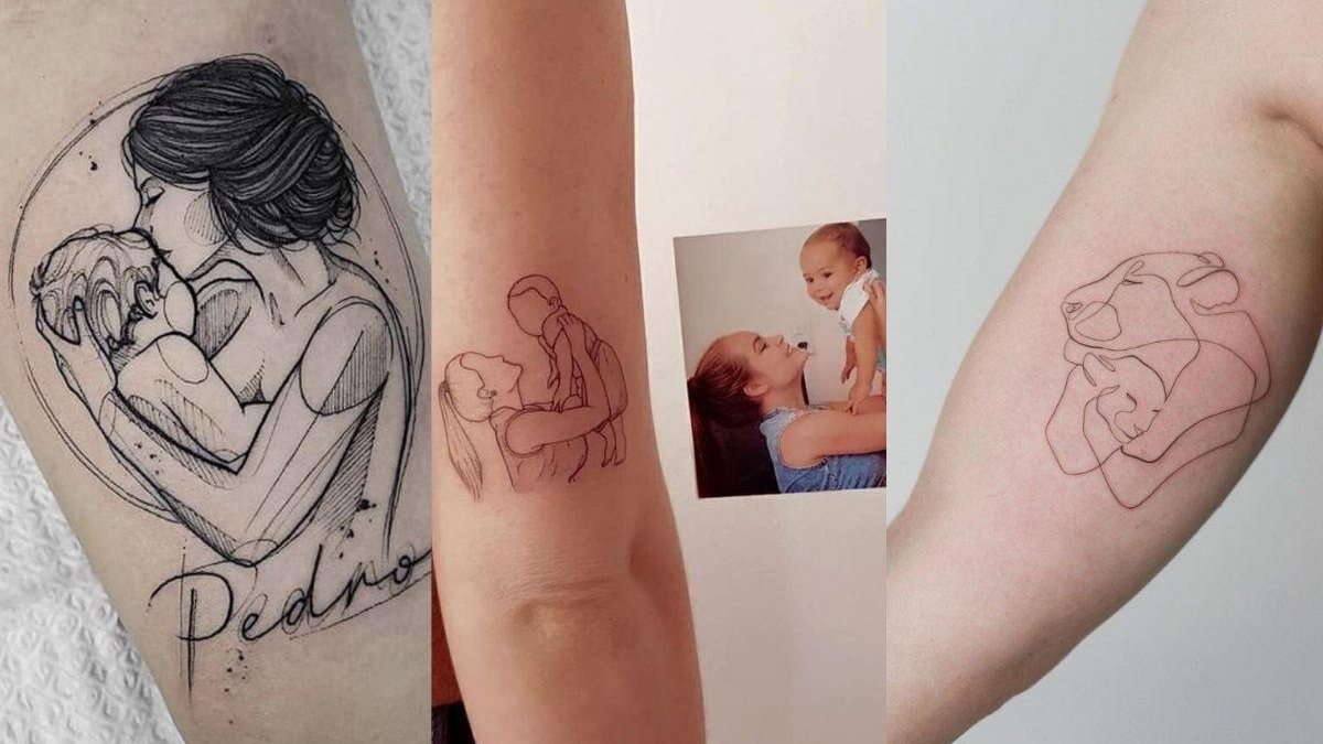 Tatuagem para filho com desenho de mãe, criança e flores - Pinterest