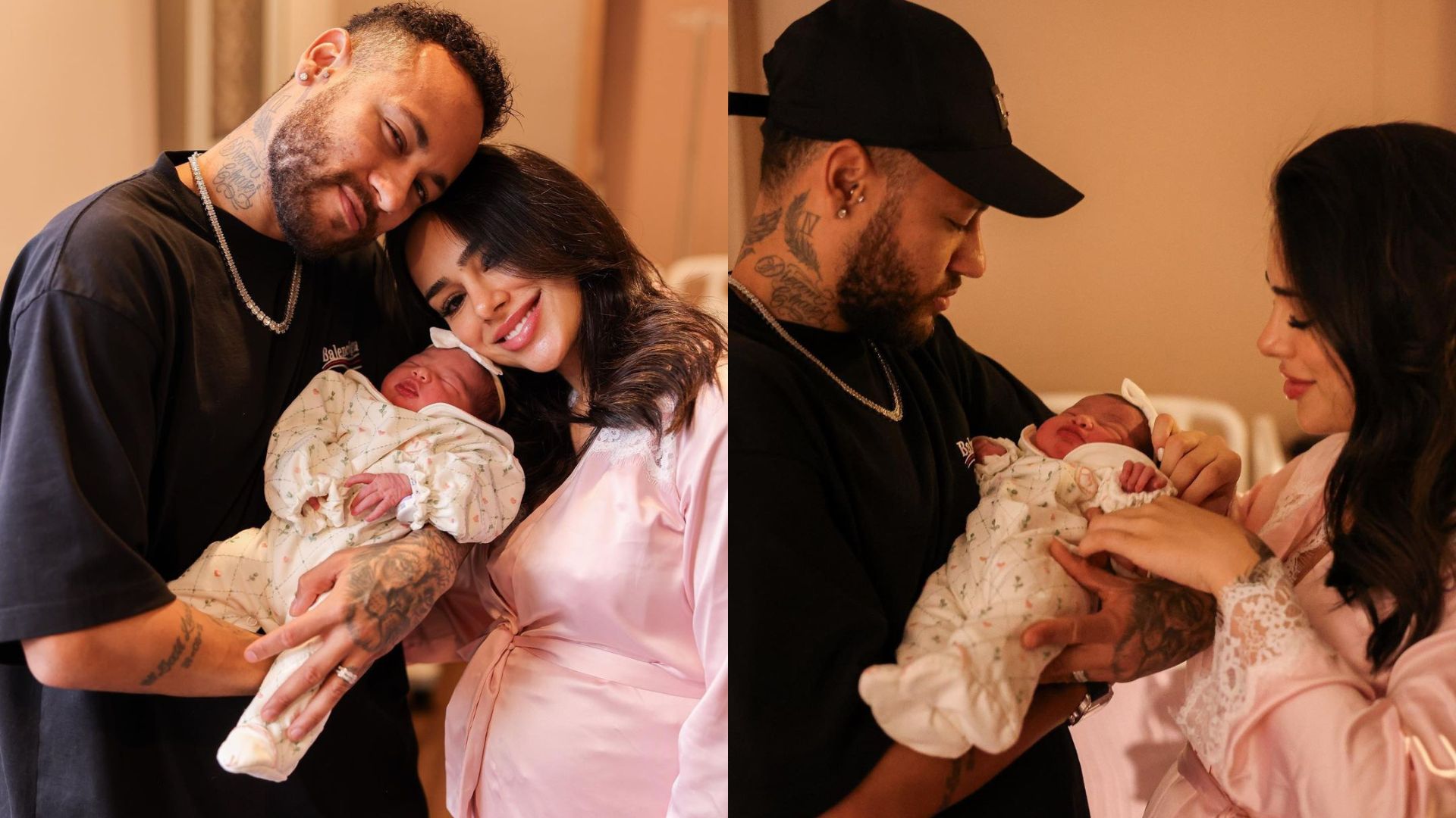 Neymar Jr. com sua filha, Mavie, no colo ao lado de Bruna Biancardi, mãe da bebê