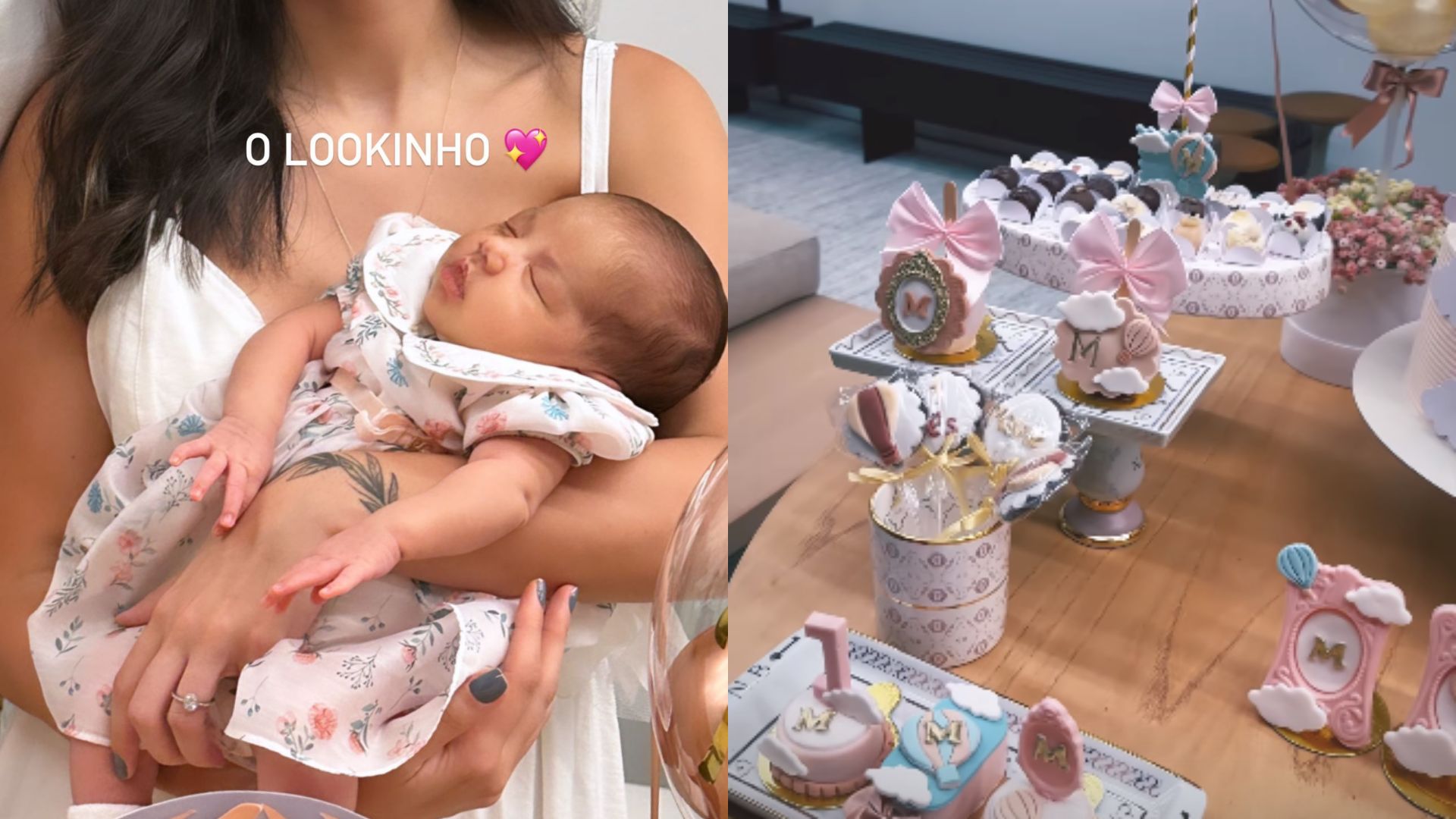Bruna Biancardi com Mavie, sua filha com Neymar, no colo e a mesa de decoração da festa do primeiro mês da bebê