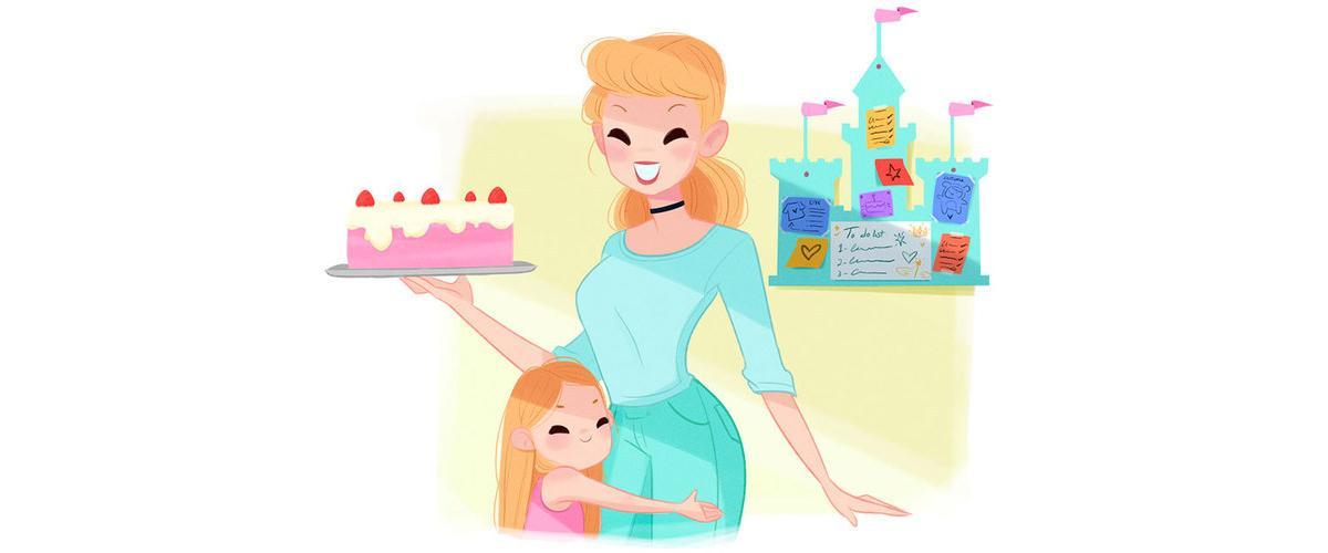 Cinderela Vida de mãe: Cinderela é a mais nova mãe de Pinterest. Ela mesma faz as roupas da filha (com uma pequena ajuda de seus amigos, Jack e Tatá, é claro!), pepara bolos incríveis e tem ajuda dos seus amigos da natureza para limpar a casa. 